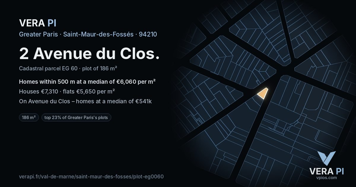 2 Avenue du Clos, Saint-Maur-des-Fossés at night – the plot lit, the parcels around coloured by the prices near them