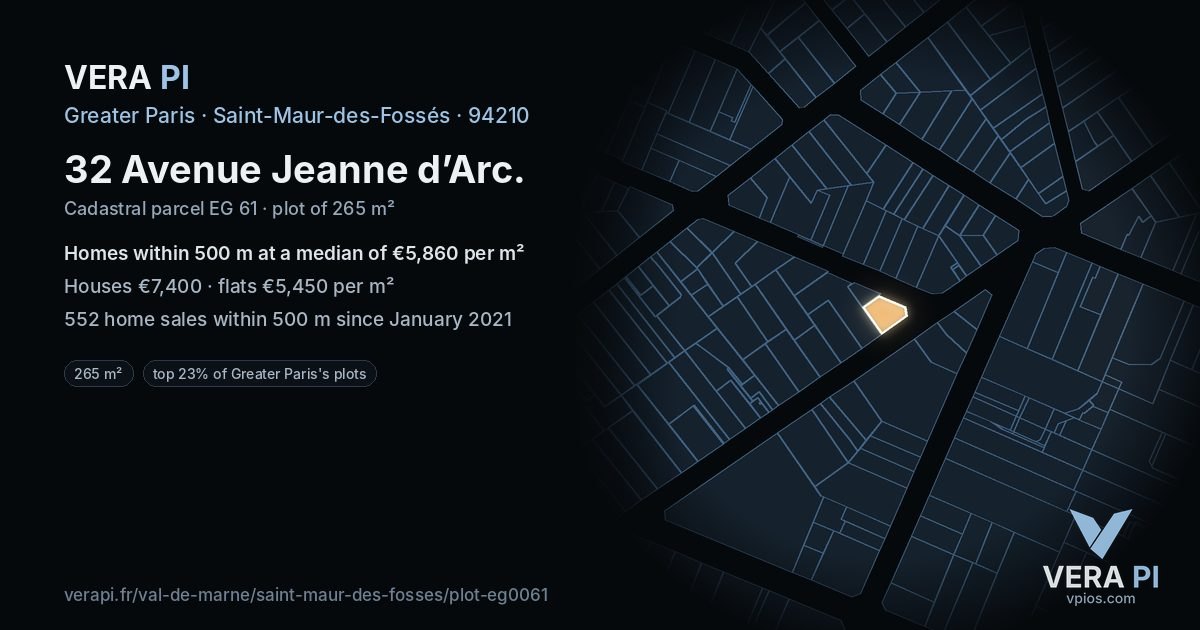 32 Avenue Jeanne d’Arc, Saint-Maur-des-Fossés at night – the plot lit, the parcels around coloured by the prices near them