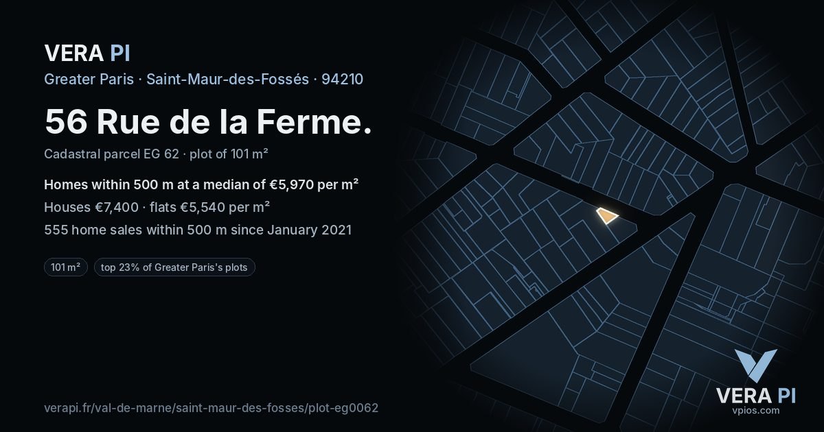 56 Rue de la Ferme, Saint-Maur-des-Fossés at night – the plot lit, the parcels around coloured by the prices near them