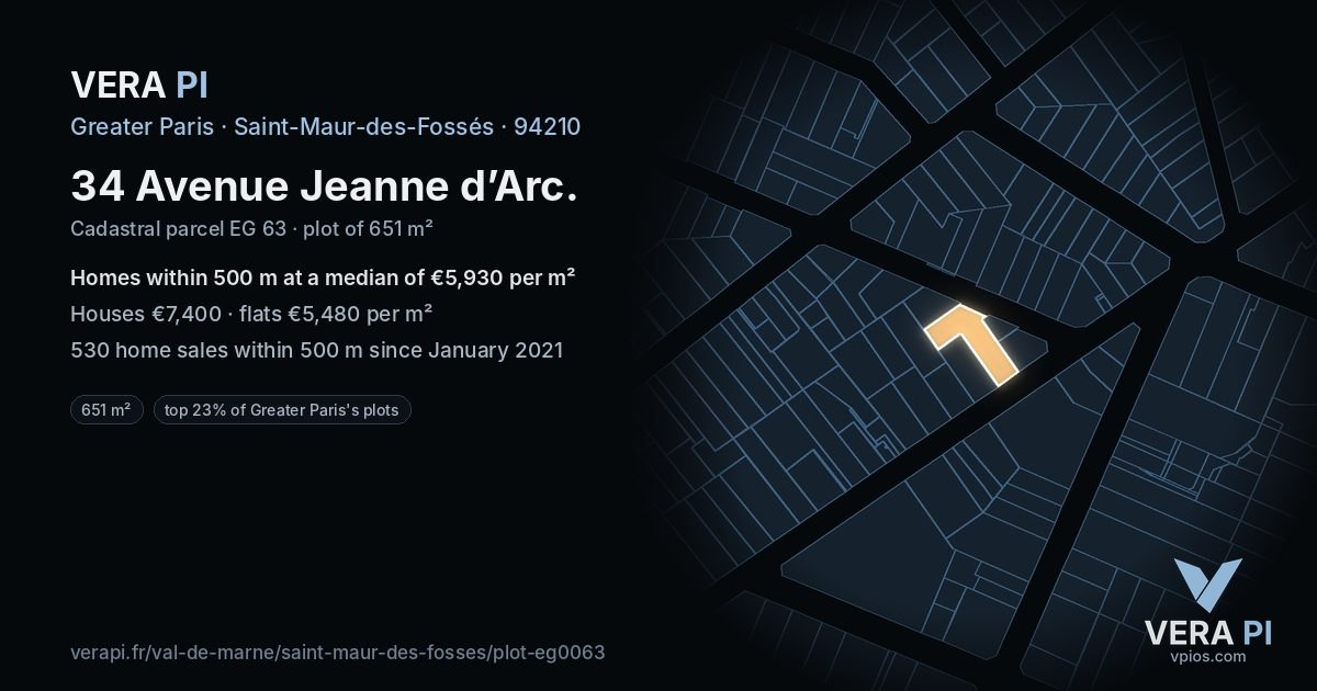 34 Avenue Jeanne d’Arc, Saint-Maur-des-Fossés at night – the plot lit, the parcels around coloured by the prices near them