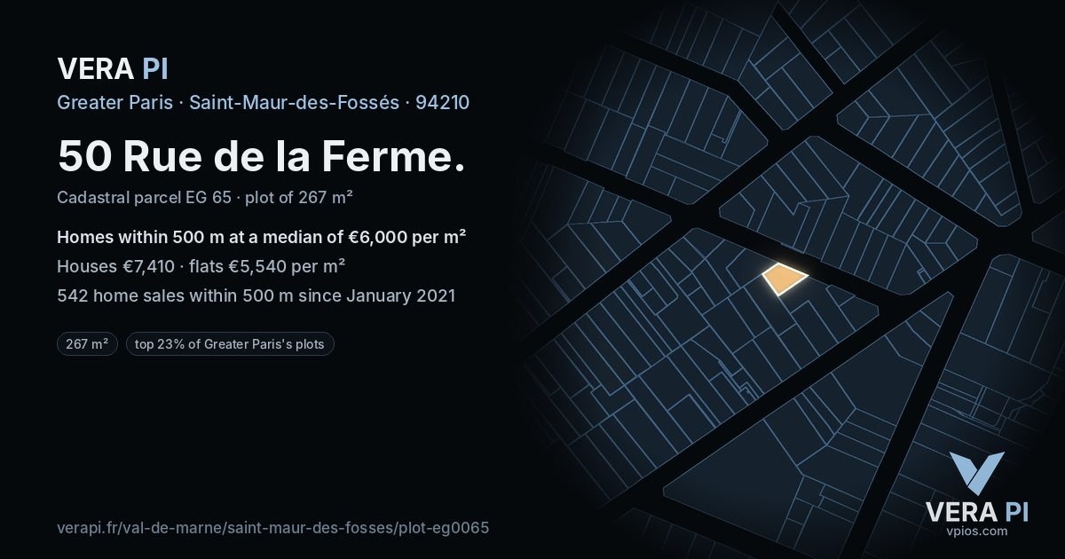 50 Rue de la Ferme, Saint-Maur-des-Fossés at night – the plot lit, the parcels around coloured by the prices near them