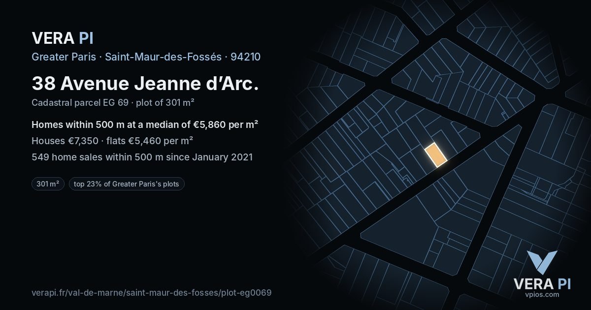 38 Avenue Jeanne d’Arc, Saint-Maur-des-Fossés at night – the plot lit, the parcels around coloured by the prices near them
