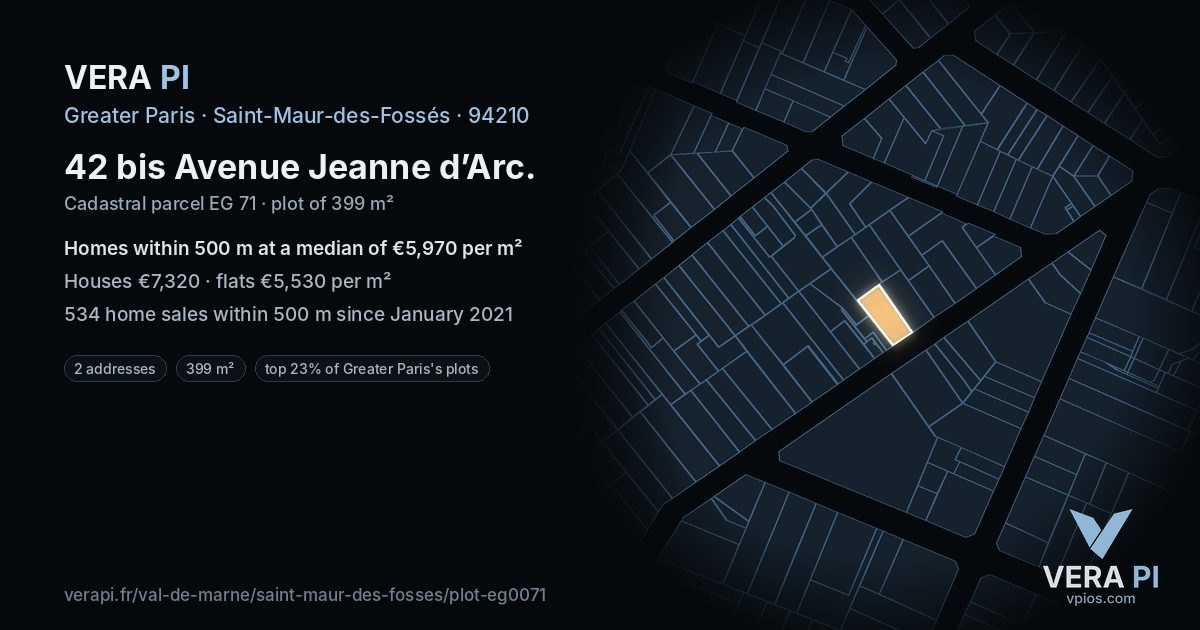 42 bis Avenue Jeanne d’Arc, Saint-Maur-des-Fossés at night – the plot lit, the parcels around coloured by the prices near them