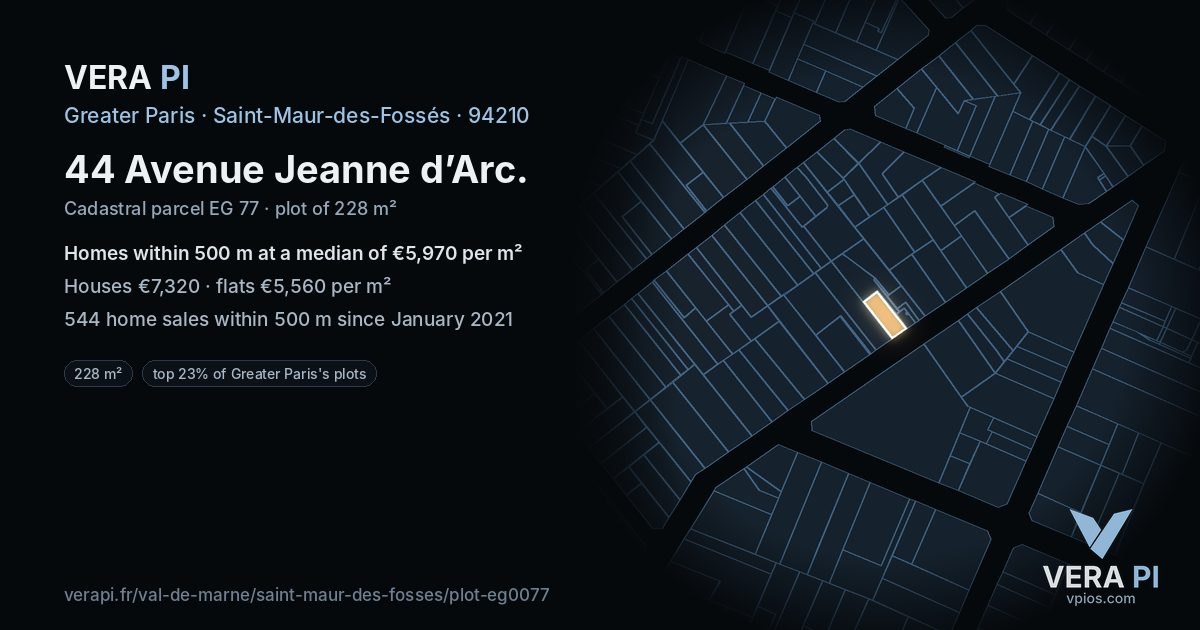 44 Avenue Jeanne d’Arc, Saint-Maur-des-Fossés at night – the plot lit, the parcels around coloured by the prices near them