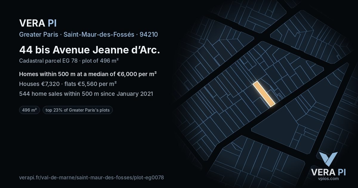 44 bis Avenue Jeanne d’Arc, Saint-Maur-des-Fossés at night – the plot lit, the parcels around coloured by the prices near them