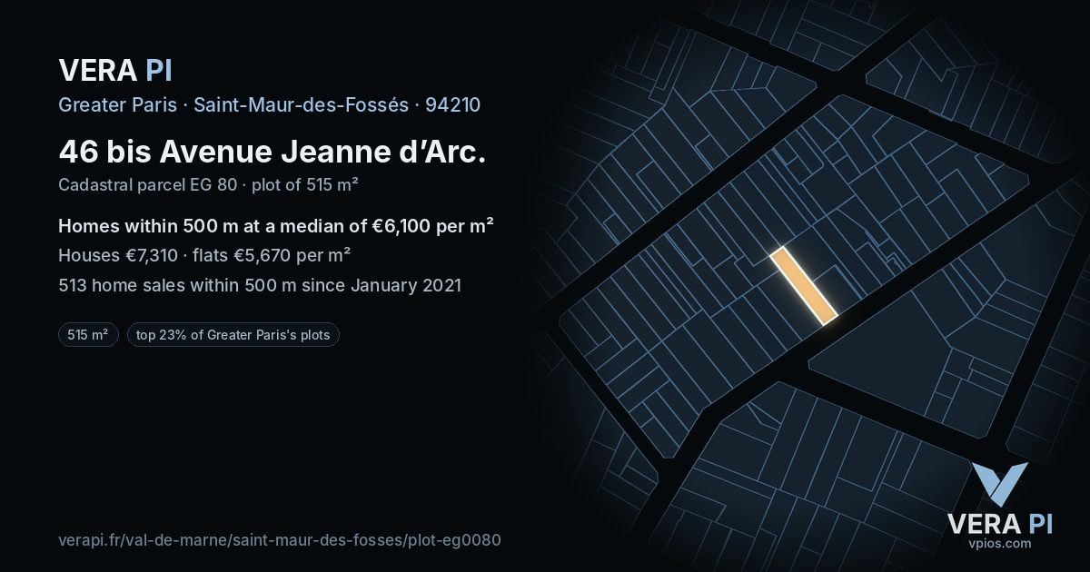 46 bis Avenue Jeanne d’Arc, Saint-Maur-des-Fossés at night – the plot lit, the parcels around coloured by the prices near them
