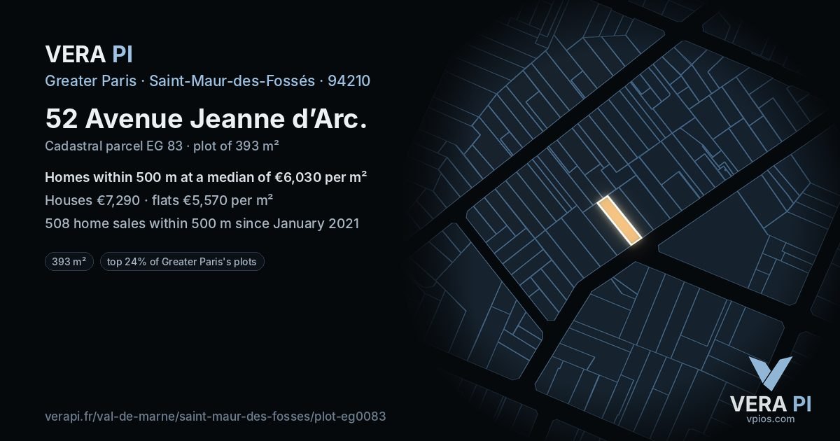 52 Avenue Jeanne d’Arc, Saint-Maur-des-Fossés at night – the plot lit, the parcels around coloured by the prices near them