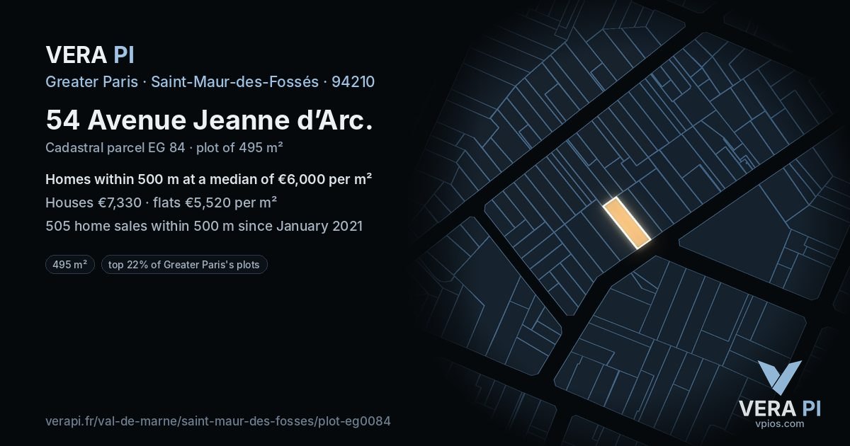 54 Avenue Jeanne d’Arc, Saint-Maur-des-Fossés at night – the plot lit, the parcels around coloured by the prices near them