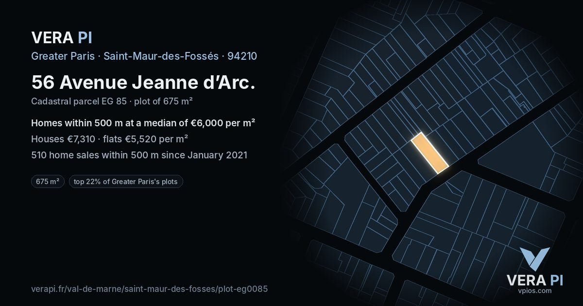 56 Avenue Jeanne d’Arc, Saint-Maur-des-Fossés at night – the plot lit, the parcels around coloured by the prices near them
