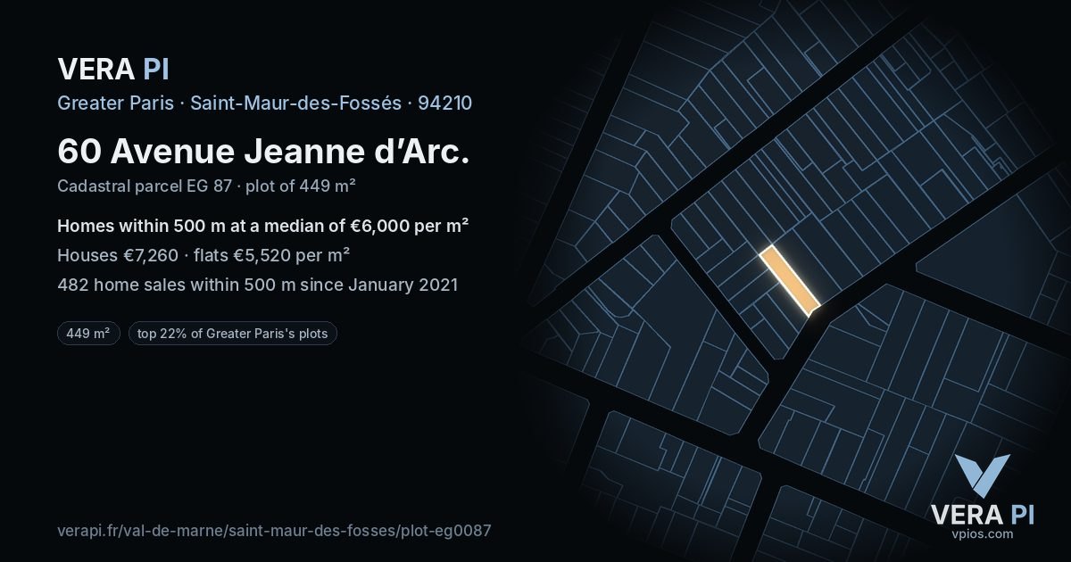 60 Avenue Jeanne d’Arc, Saint-Maur-des-Fossés at night – the plot lit, the parcels around coloured by the prices near them