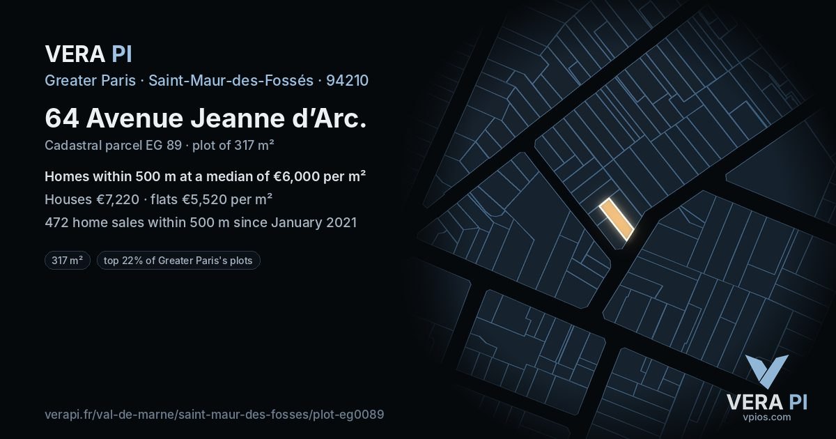 64 Avenue Jeanne d’Arc, Saint-Maur-des-Fossés at night – the plot lit, the parcels around coloured by the prices near them