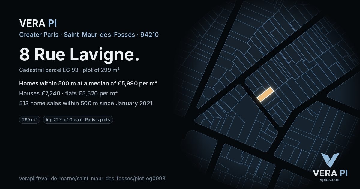 8 Rue Lavigne, Saint-Maur-des-Fossés at night – the plot lit, the parcels around coloured by the prices near them