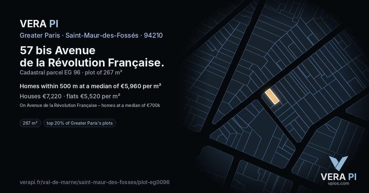 57 bis Avenue de la Révolution Française, Saint-Maur-des-Fossés at night – the plot lit, the parcels around coloured by the prices near them