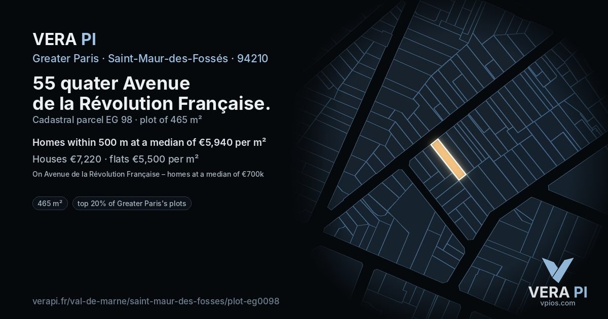 55 quater Avenue de la Révolution Française, Saint-Maur-des-Fossés at night – the plot lit, the parcels around coloured by the prices near them