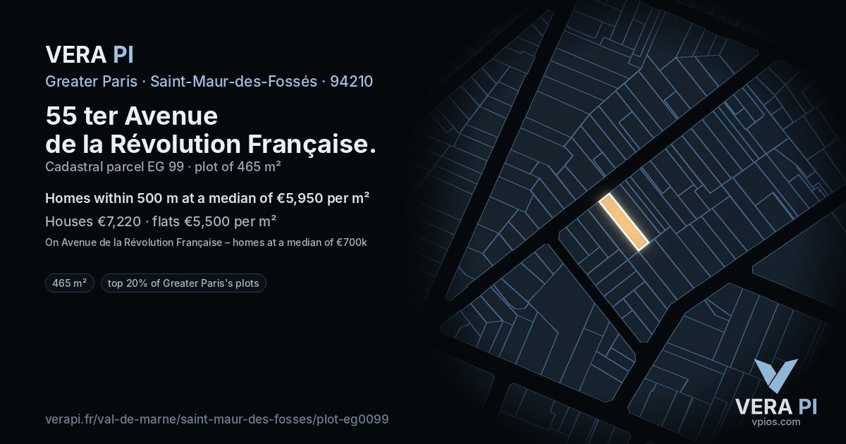 55 ter Avenue de la Révolution Française, Saint-Maur-des-Fossés at night – the plot lit, the parcels around coloured by the prices near them
