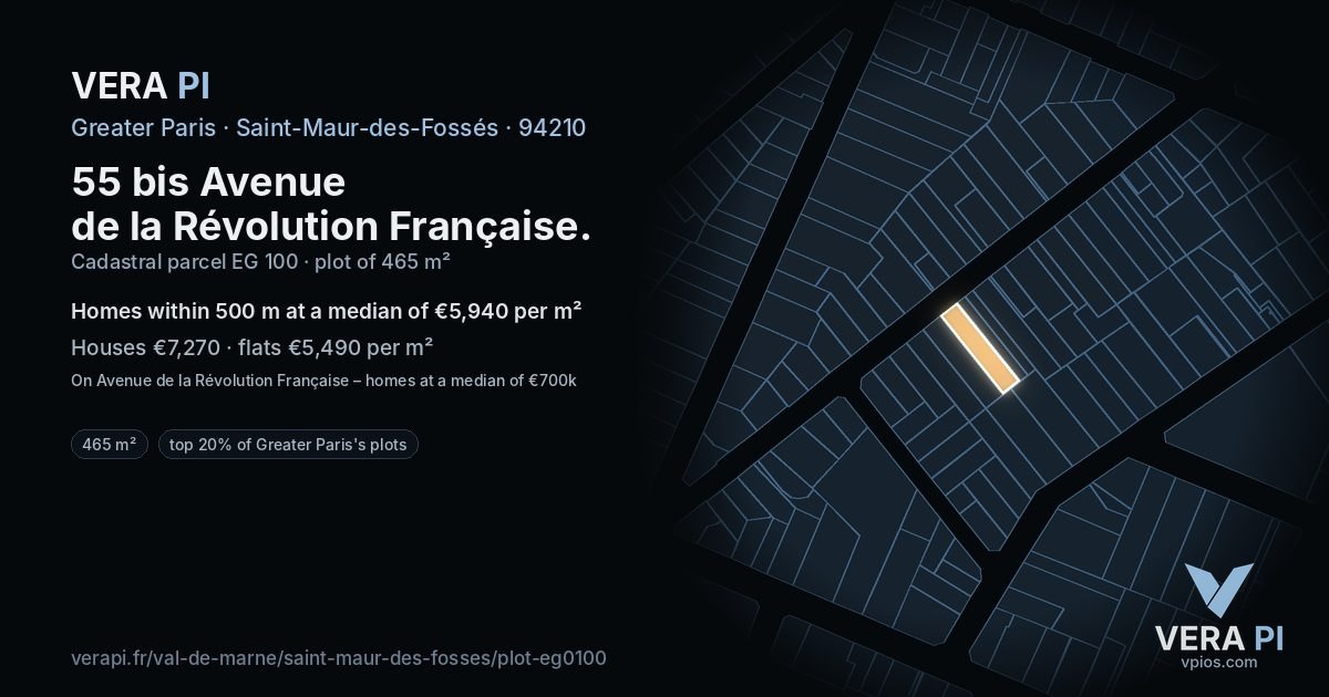 55 bis Avenue de la Révolution Française, Saint-Maur-des-Fossés at night – the plot lit, the parcels around coloured by the prices near them