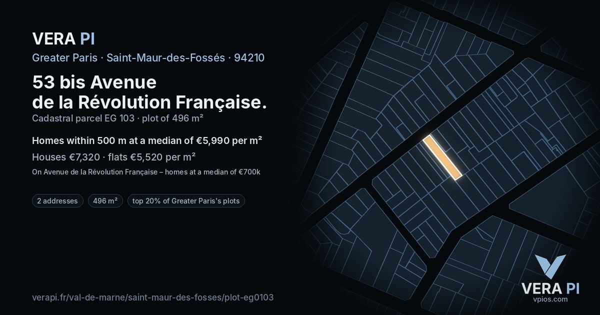 53 bis Avenue de la Révolution Française, Saint-Maur-des-Fossés at night – the plot lit, the parcels around coloured by the prices near them