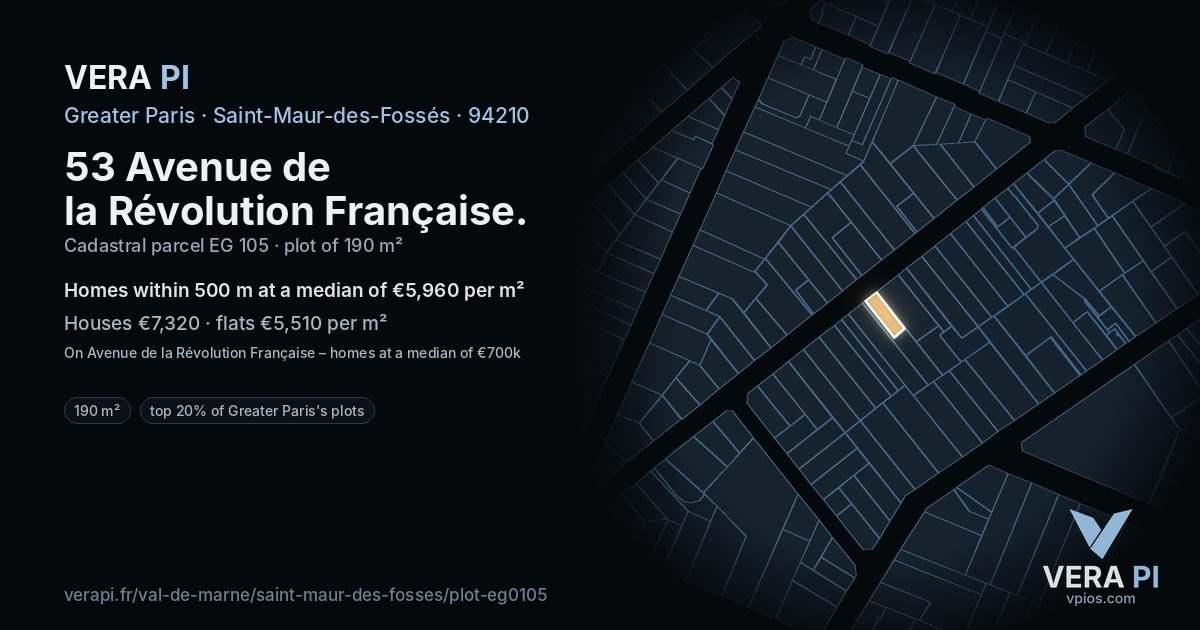 53 Avenue de la Révolution Française, Saint-Maur-des-Fossés at night – the plot lit, the parcels around coloured by the prices near them