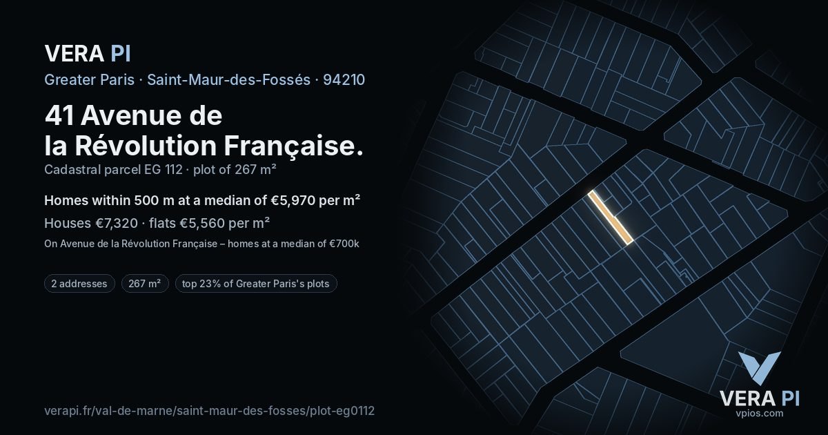 41 Avenue de la Révolution Française, Saint-Maur-des-Fossés at night – the plot lit, the parcels around coloured by the prices near them