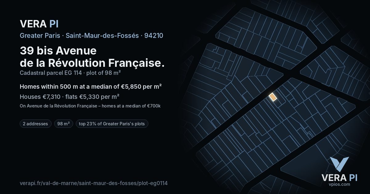 39 bis Avenue de la Révolution Française, Saint-Maur-des-Fossés at night – the plot lit, the parcels around coloured by the prices near them