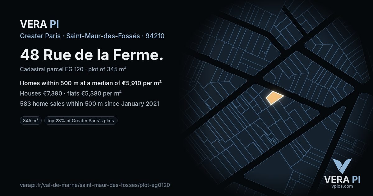 48 Rue de la Ferme, Saint-Maur-des-Fossés at night – the plot lit, the parcels around coloured by the prices near them