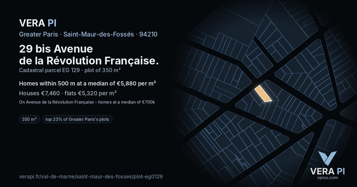 29 bis Avenue de la Révolution Française, Saint-Maur-des-Fossés at night – the plot lit, the parcels around coloured by the prices near them