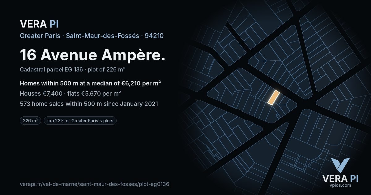 16 Avenue Ampère, Saint-Maur-des-Fossés at night – the plot lit, the parcels around coloured by the prices near them
