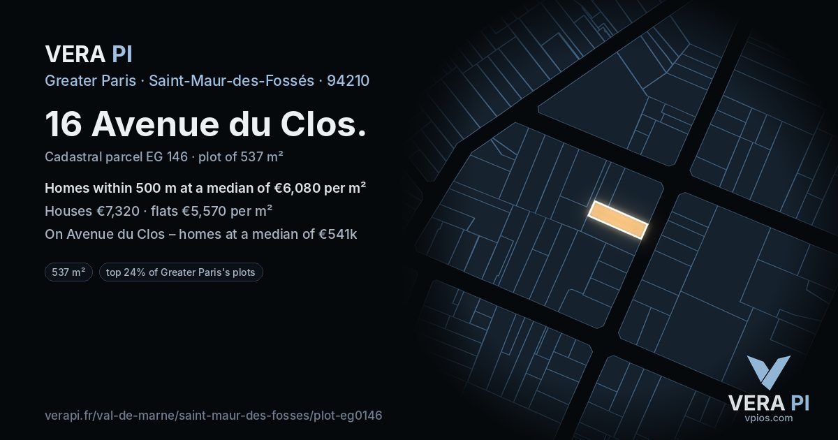 16 Avenue du Clos, Saint-Maur-des-Fossés at night – the plot lit, the parcels around coloured by the prices near them