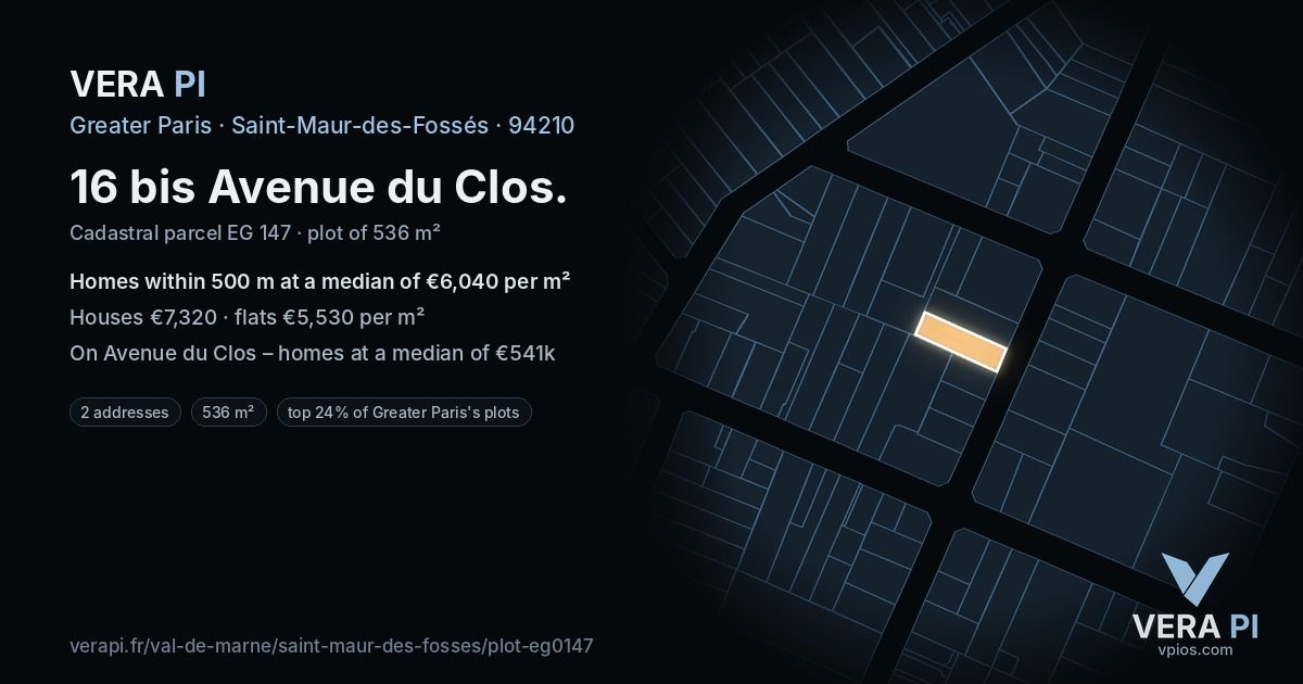 16 bis Avenue du Clos, Saint-Maur-des-Fossés at night – the plot lit, the parcels around coloured by the prices near them