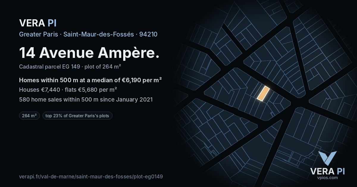 14 Avenue Ampère, Saint-Maur-des-Fossés at night – the plot lit, the parcels around coloured by the prices near them