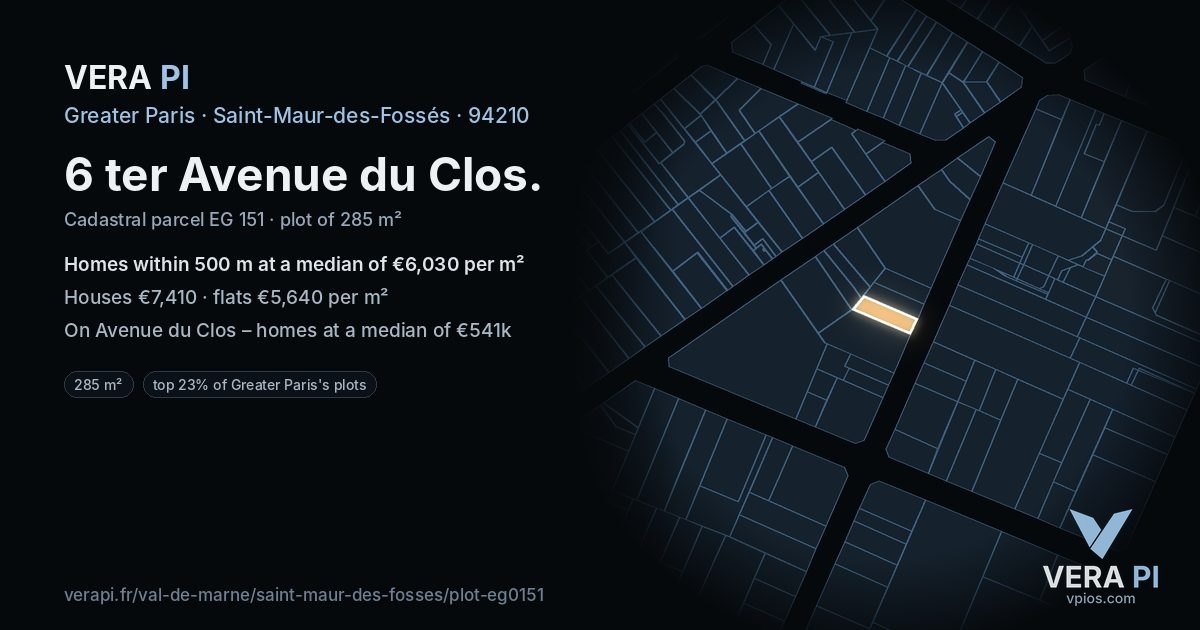 6 ter Avenue du Clos, Saint-Maur-des-Fossés at night – the plot lit, the parcels around coloured by the prices near them