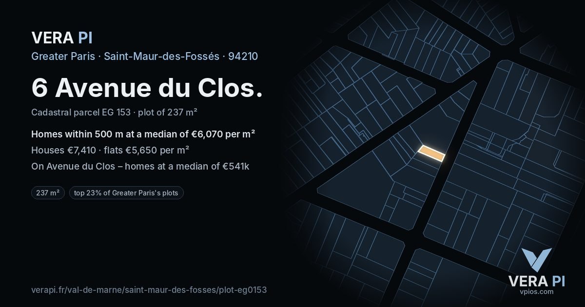 6 Avenue du Clos, Saint-Maur-des-Fossés at night – the plot lit, the parcels around coloured by the prices near them