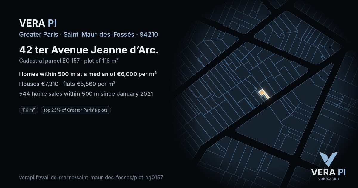 42 ter Avenue Jeanne d’Arc, Saint-Maur-des-Fossés at night – the plot lit, the parcels around coloured by the prices near them