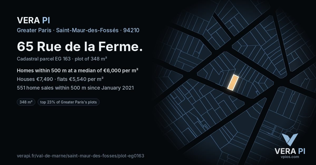 65 Rue de la Ferme, Saint-Maur-des-Fossés at night – the plot lit, the parcels around coloured by the prices near them