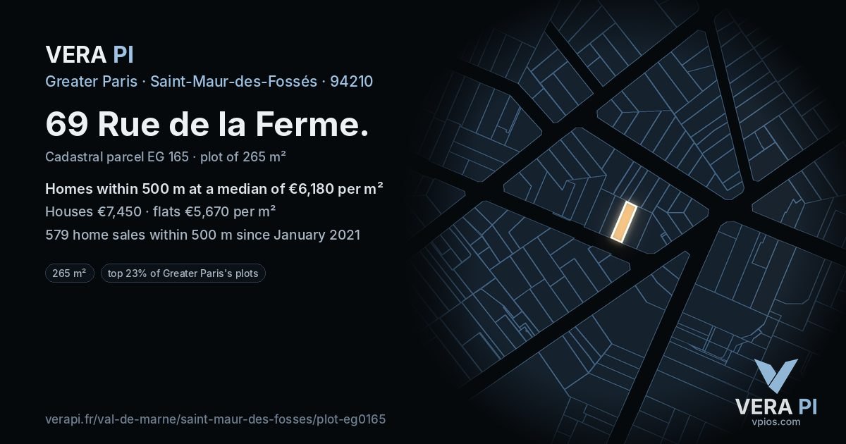 69 Rue de la Ferme, Saint-Maur-des-Fossés at night – the plot lit, the parcels around coloured by the prices near them