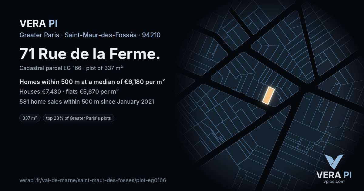 71 Rue de la Ferme, Saint-Maur-des-Fossés at night – the plot lit, the parcels around coloured by the prices near them