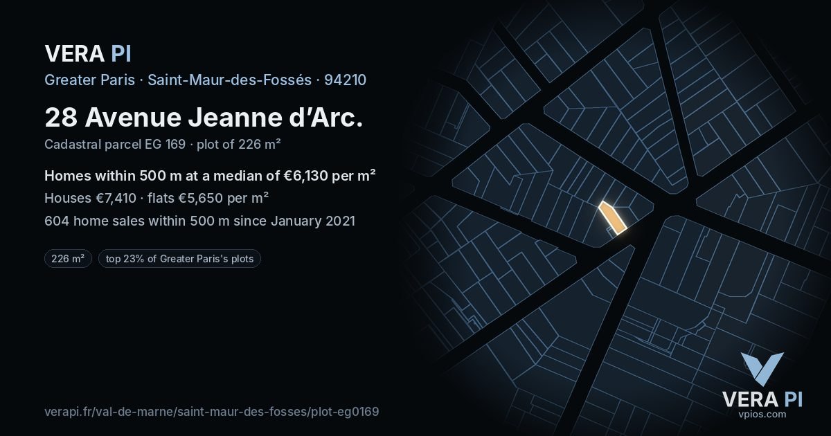 28 Avenue Jeanne d’Arc, Saint-Maur-des-Fossés at night – the plot lit, the parcels around coloured by the prices near them