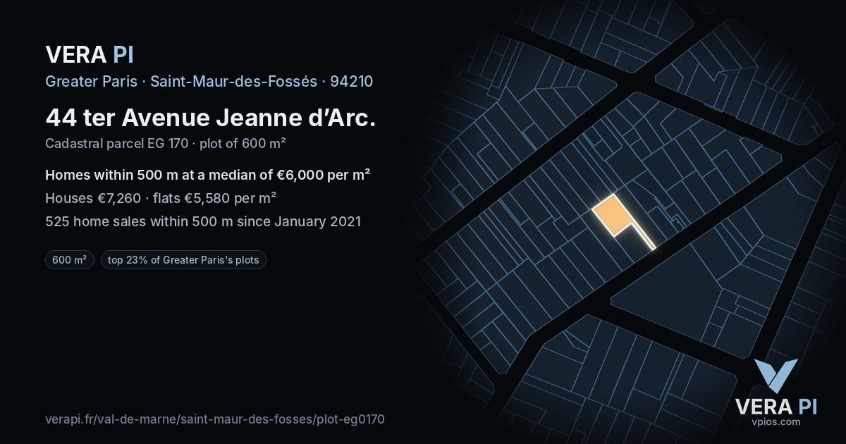 44 ter Avenue Jeanne d’Arc, Saint-Maur-des-Fossés at night – the plot lit, the parcels around coloured by the prices near them