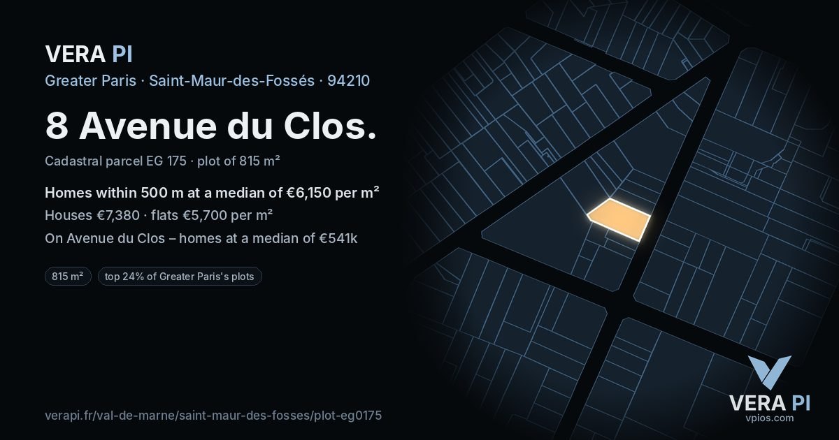 8 Avenue du Clos, Saint-Maur-des-Fossés at night – the plot lit, the parcels around coloured by the prices near them