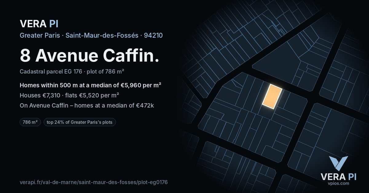 8 Avenue Caffin, Saint-Maur-des-Fossés at night – the plot lit, the parcels around coloured by the prices near them