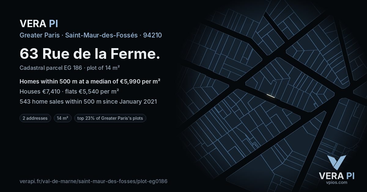 63 Rue de la Ferme, Saint-Maur-des-Fossés at night – the plot lit, the parcels around coloured by the prices near them