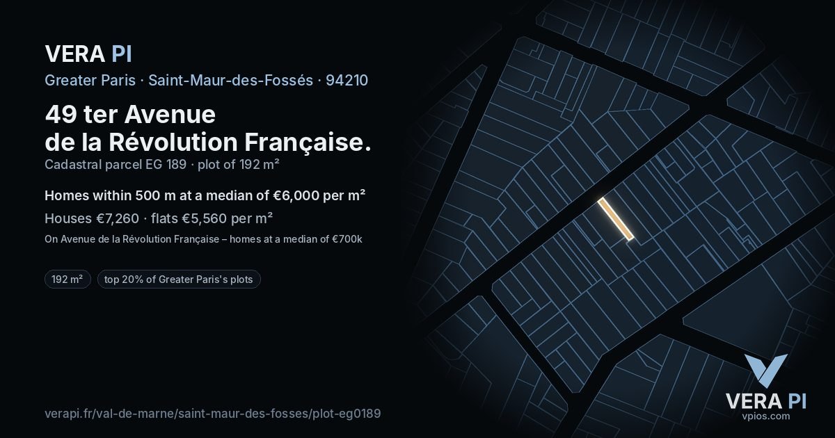 49 ter Avenue de la Révolution Française, Saint-Maur-des-Fossés at night – the plot lit, the parcels around coloured by the prices near them