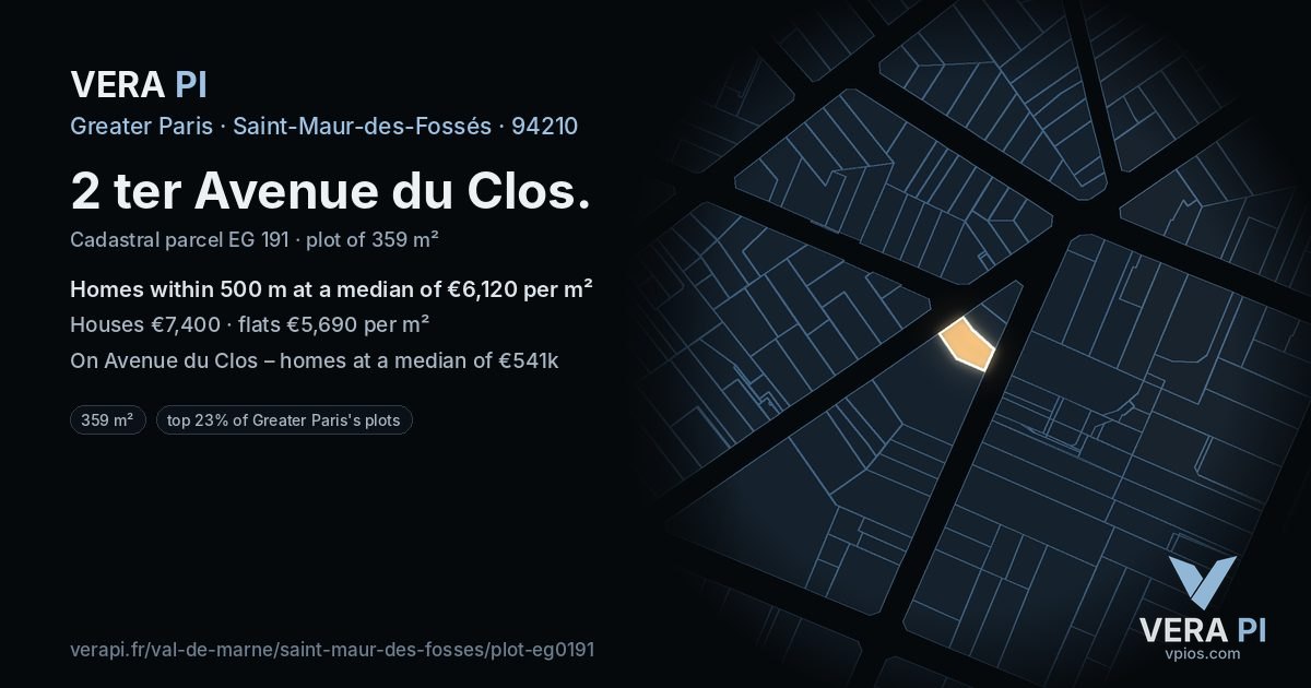 2 ter Avenue du Clos, Saint-Maur-des-Fossés at night – the plot lit, the parcels around coloured by the prices near them