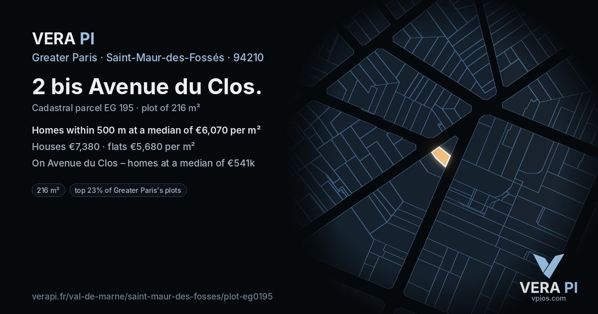 2 bis Avenue du Clos, Saint-Maur-des-Fossés at night – the plot lit, the parcels around coloured by the prices near them