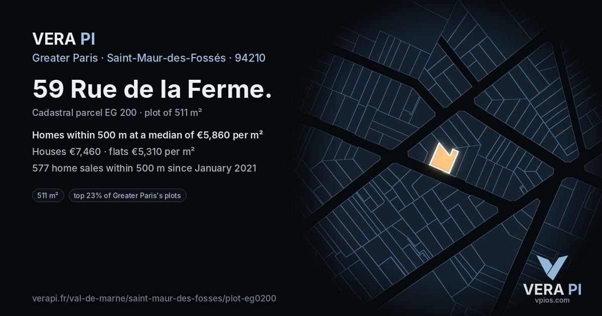 59 Rue de la Ferme, Saint-Maur-des-Fossés at night – the plot lit, the parcels around coloured by the prices near them