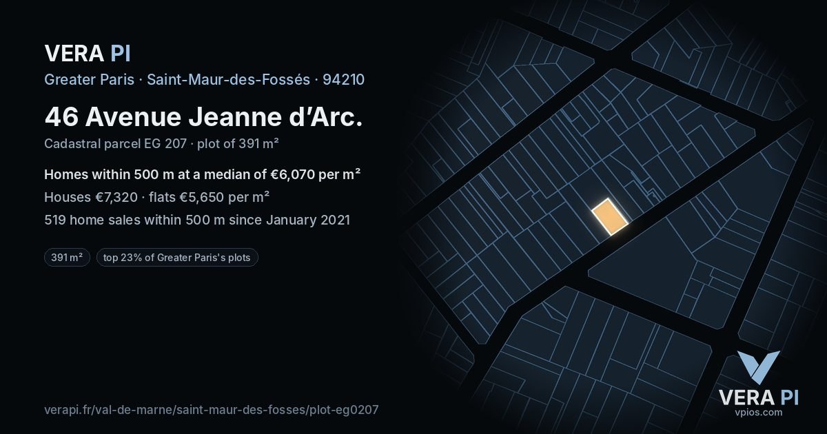 46 Avenue Jeanne d’Arc, Saint-Maur-des-Fossés at night – the plot lit, the parcels around coloured by the prices near them