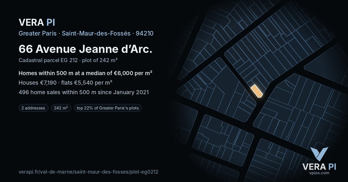 66 Avenue Jeanne d’Arc, Saint-Maur-des-Fossés at night – the plot lit, the parcels around coloured by the prices near them