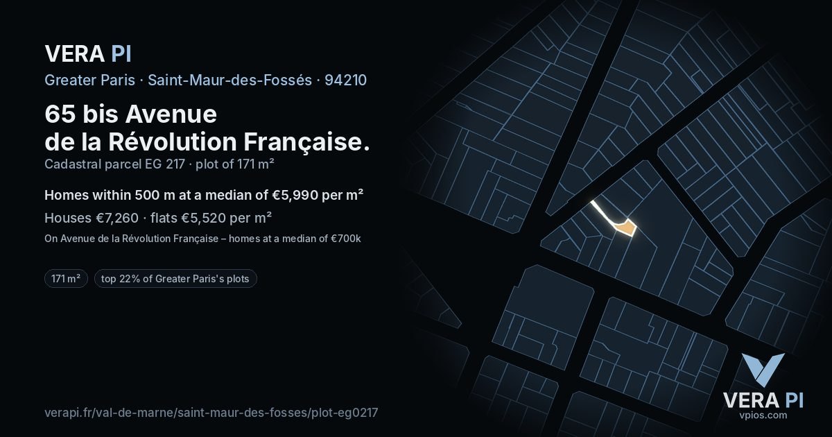 65 bis Avenue de la Révolution Française, Saint-Maur-des-Fossés at night – the plot lit, the parcels around coloured by the prices near them