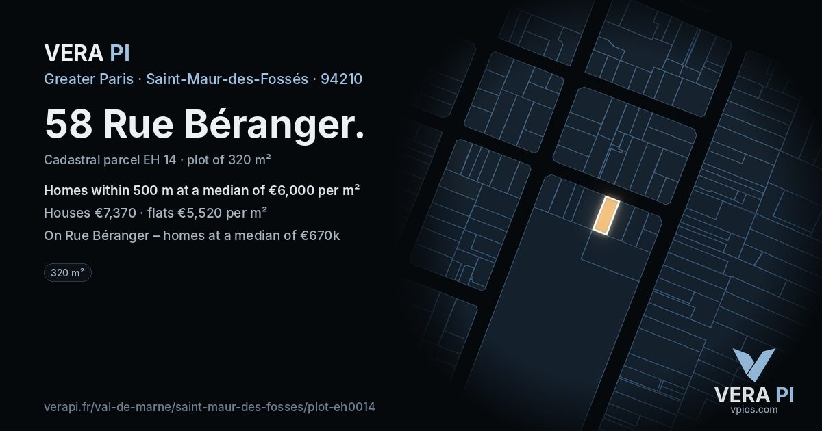 58 Rue Béranger, Saint-Maur-des-Fossés at night – the plot lit, the parcels around coloured by the prices near them