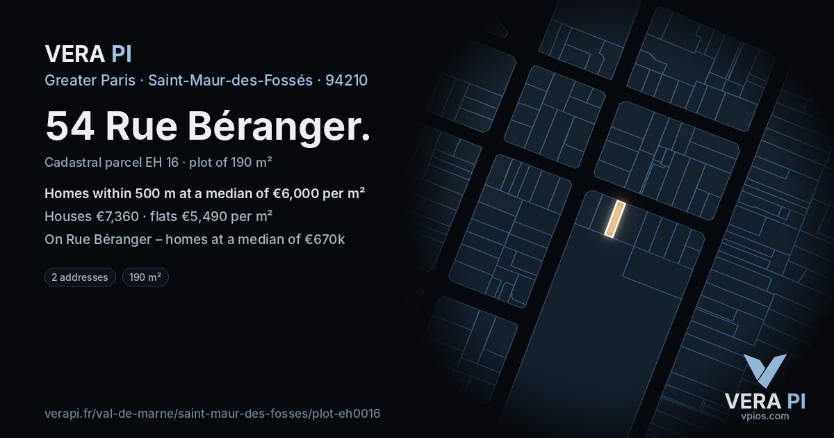 54 Rue Béranger, Saint-Maur-des-Fossés at night – the plot lit, the parcels around coloured by the prices near them